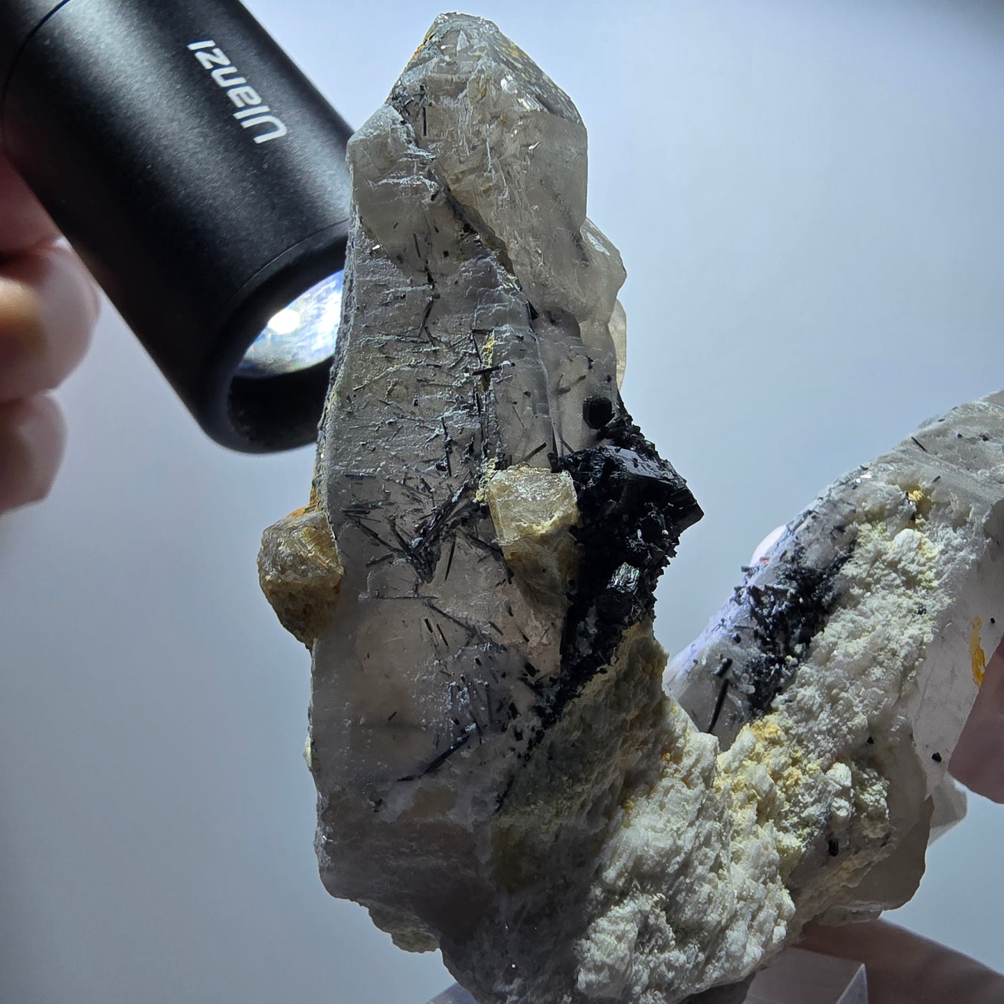 Skelett Rauchquarz, Hyalit Opal, Schörl Turmalin, Orthoklas Erongo, Namibia 91*63*43mm #13382