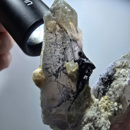 Skelett Rauchquarz, Hyalit Opal, Schörl Turmalin, Orthoklas Erongo, Namibia 91*63*43mm #13382