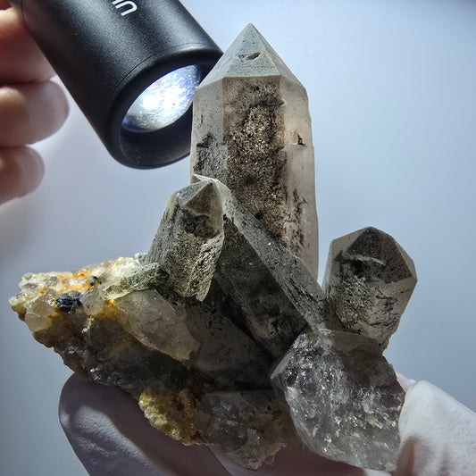 Skelett Rauchquarz, Hyalit Opal, Schörl Turmalin, Orthoklas Erongo, Namibia 67*63*45mm #13383