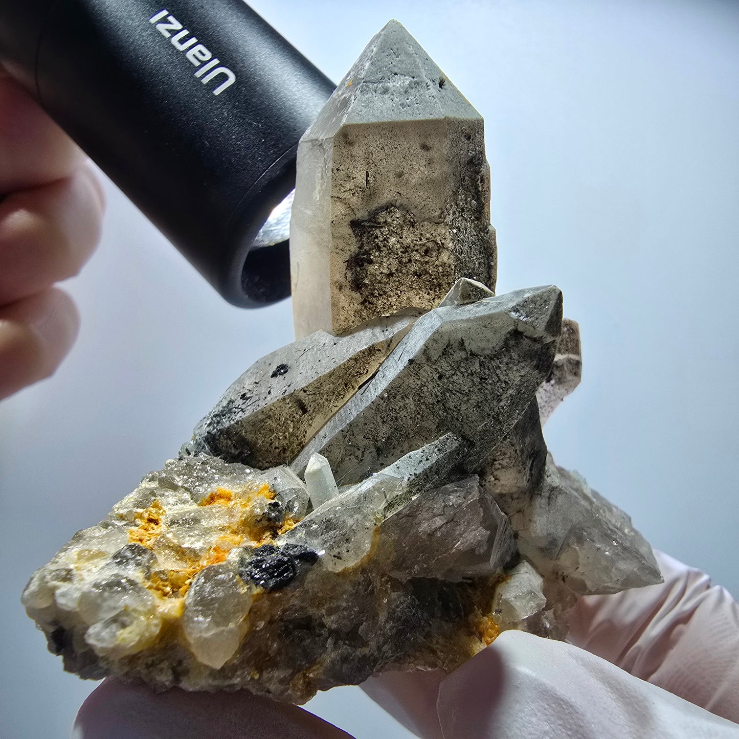 Skelett Rauchquarz, Hyalit Opal, Schörl Turmalin, Orthoklas Erongo, Namibia 67*63*45mm #13383