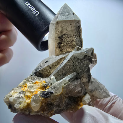 Skelett Rauchquarz, Hyalit Opal, Schörl Turmalin, Orthoklas Erongo, Namibia 67*63*45mm #13383