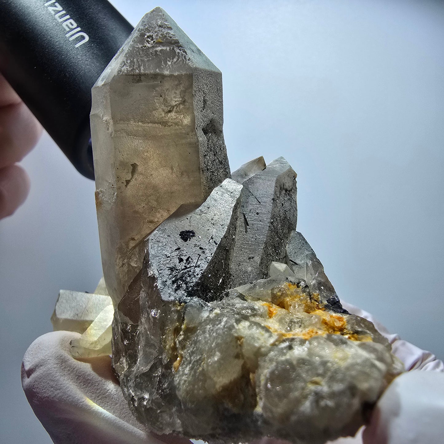 Skelett Rauchquarz, Hyalit Opal, Schörl Turmalin, Orthoklas Erongo, Namibia 67*63*45mm #13383