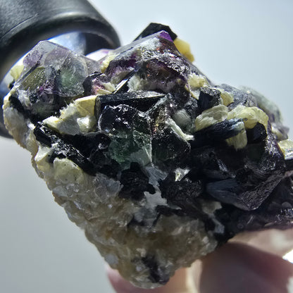 Bunte Phantom Fluorit, Schörl Turmalin, Hyalit Opal, Muskovit Erongo Namibia 53*43*39mm #13395