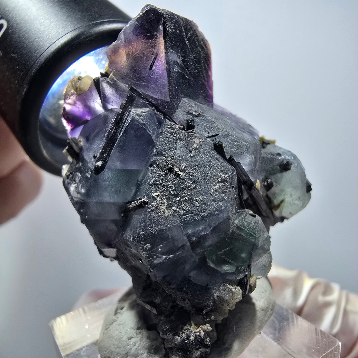 Phantom Fluorit, hexagonal, Schörl Turmalin, Muskovit Stufe Erongo, Namibia 36*32*30mm #13397