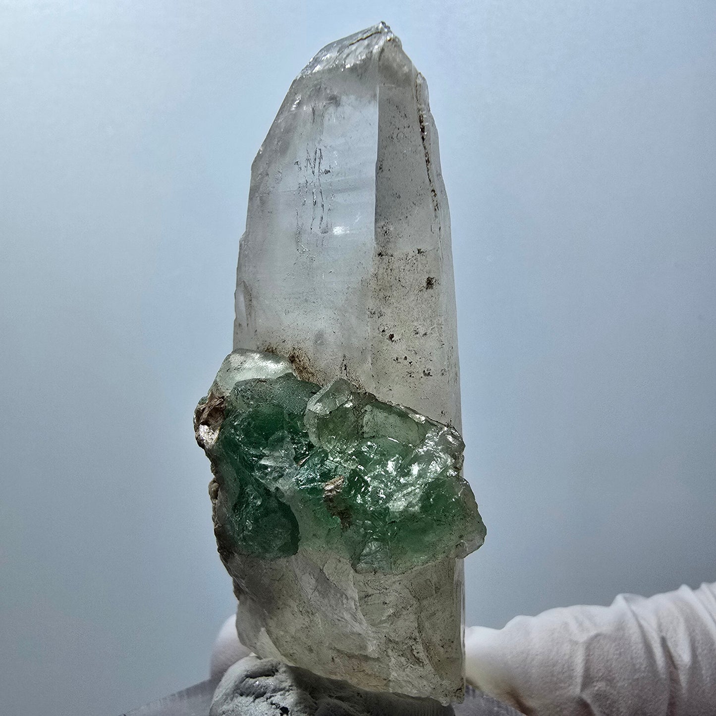 Phantom Fluorit, Hyalit Opal auf Skelett Rauchquarz Erongo, Namibia 61*29*19mm #13398