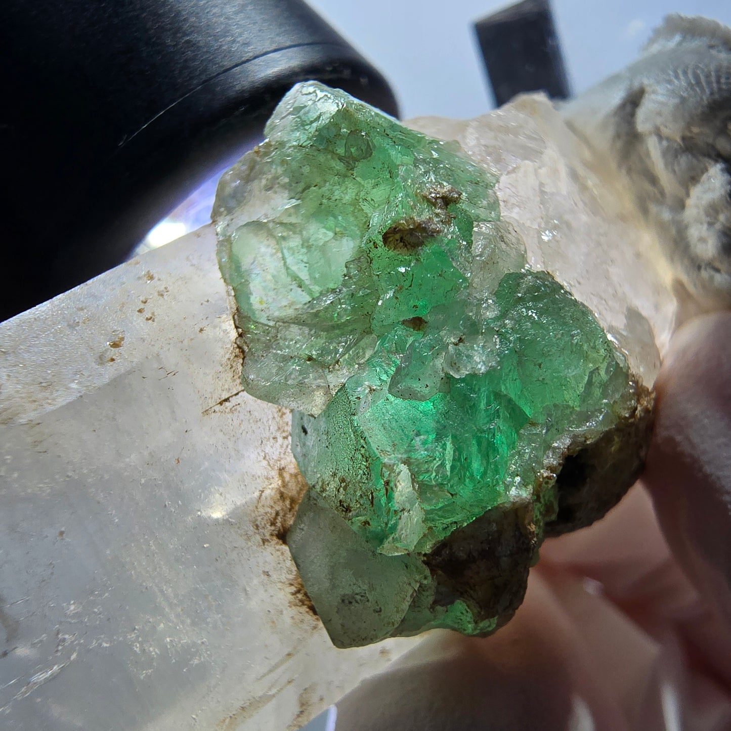 Phantom Fluorit, Hyalit Opal auf Skelett Rauchquarz Erongo, Namibia 61*29*19mm #13398