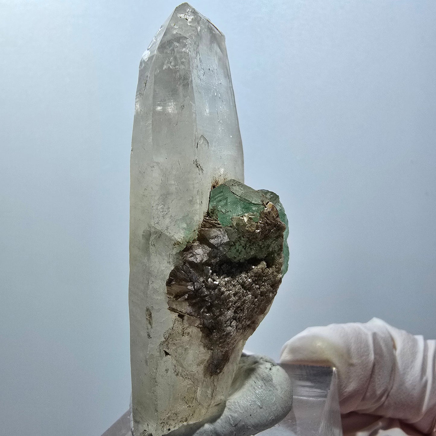 Phantom Fluorit, Hyalit Opal auf Skelett Rauchquarz Erongo, Namibia 61*29*19mm #13398