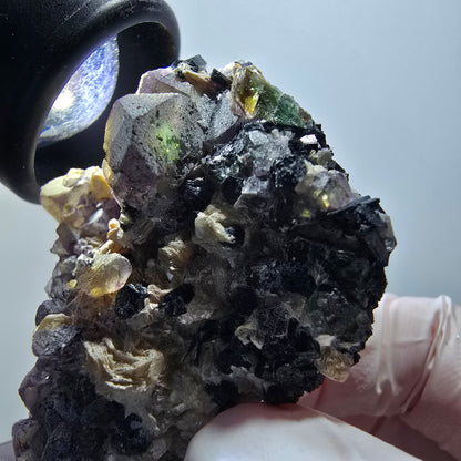 Bunte Phantom Fluorit Würfel, Schörl Turmalin, Muskovit Erongo, Namibia 52*36*21mm #13404