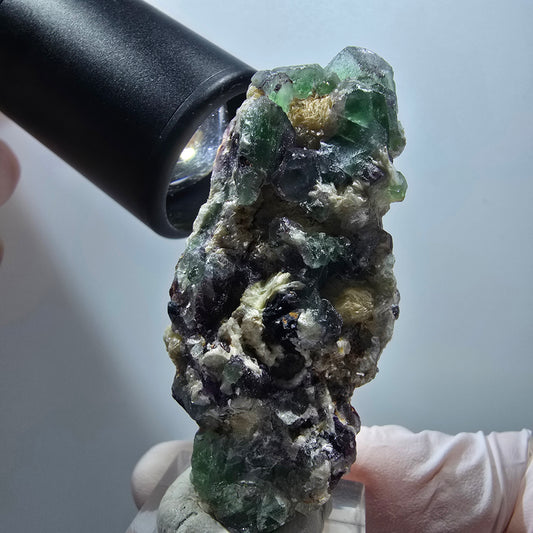 Schöne Phantom Fluorit Würfel, Schörl Turmalin, Muskovit Erongo, Namibia 63*27*25mm #13409