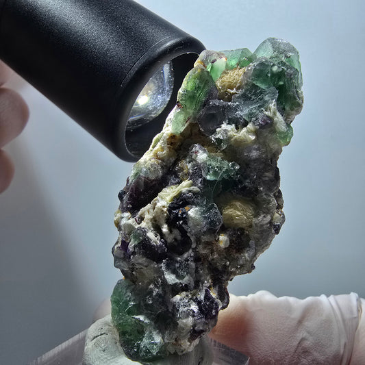 Schöne Phantom Fluorit Würfel, Schörl Turmalin, Muskovit Erongo, Namibia 63*27*25mm #13409