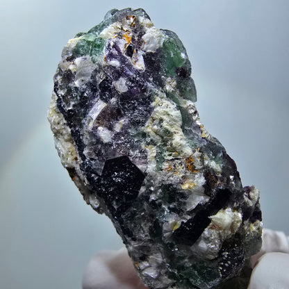 Schöne Phantom Fluorit Würfel, Schörl Turmalin, Muskovit Erongo, Namibia 63*27*25mm #13409