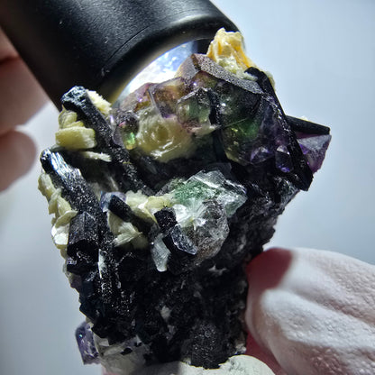 Bunte Phantom Fluorit Würfel, Schörl Turmalin, Muskovit Erongo, Namibia 42*34*29mm #13417