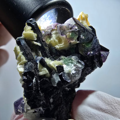 Bunte Phantom Fluorit Würfel, Schörl Turmalin, Muskovit Erongo, Namibia 42*34*29mm #13417