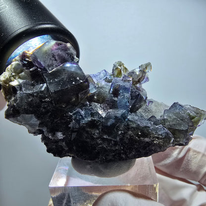 Bunte Phantom Fluorit, Schörl Turmalin, Hyalit Opal, Muskovit Erongo, Namibia 56*37*25mm #13419