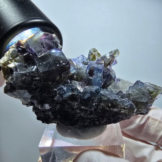 Bunte Phantom Fluorit, Schörl Turmalin, Hyalit Opal, Muskovit Erongo, Namibia 56*37*25mm #13419