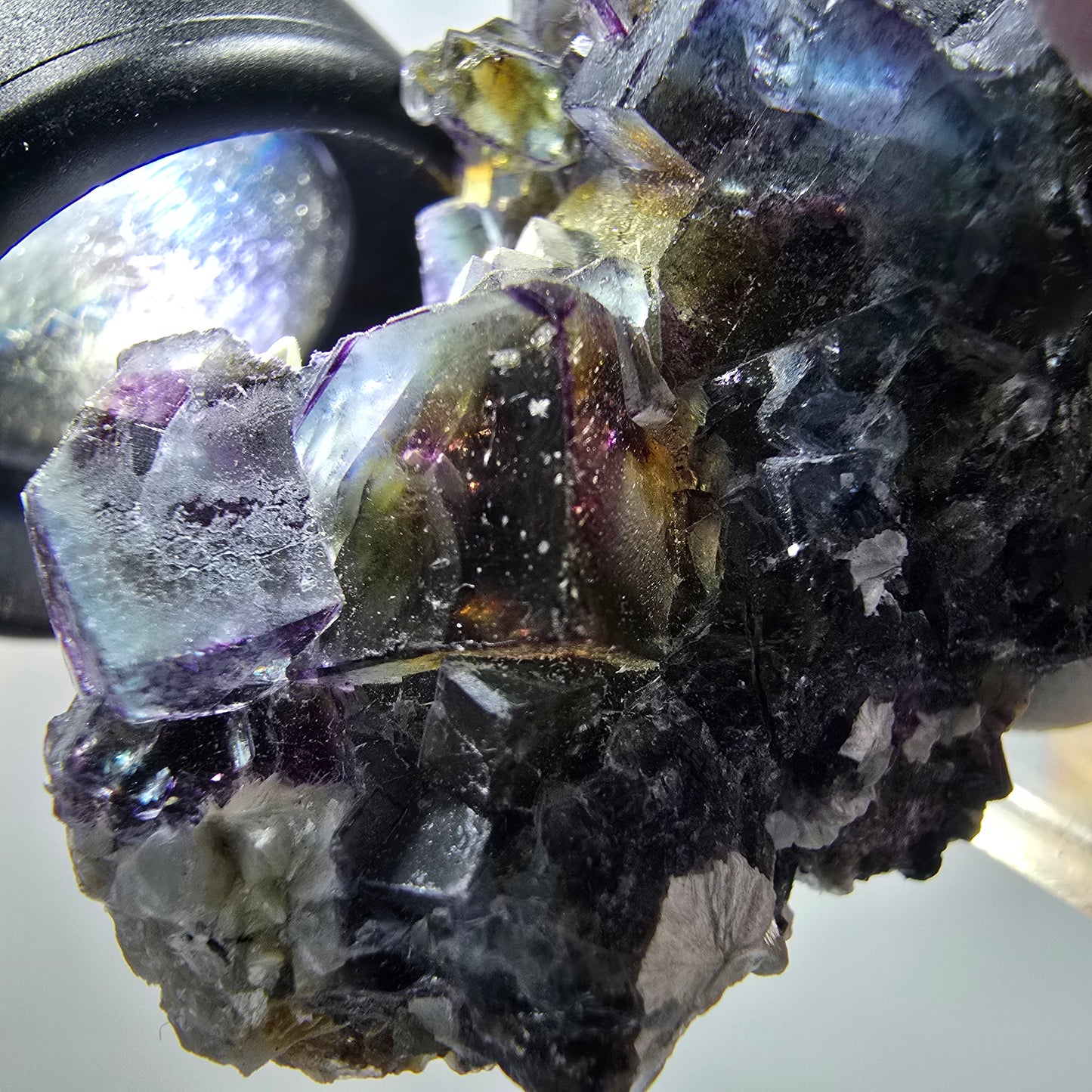 Bunte Phantom Fluorit, Schörl Turmalin, Hyalit Opal, Muskovit Erongo, Namibia 56*37*25mm #13419