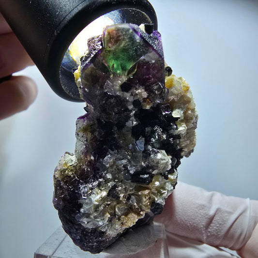 Bunte Phantom Fluorit, Schörl Turmalin, Hyalit Opal, Muskovit Erongo, Namibia 48*44*29mm #13424