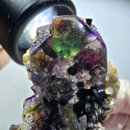 Bunte Phantom Fluorit, Schörl Turmalin, Hyalit Opal, Muskovit Erongo, Namibia 48*44*29mm #13424