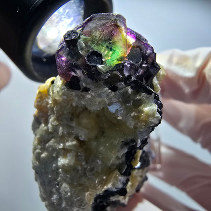 Bunte Phantom Fluorit, Schörl Turmalin, Hyalit Opal, Muskovit Erongo, Namibia 48*44*29mm #13424