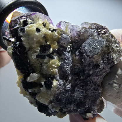 Bunte Phantom Fluorit, Schörl Turmalin, Hyalit Opal, Muskovit Erongo, Namibia 48*44*29mm #13424