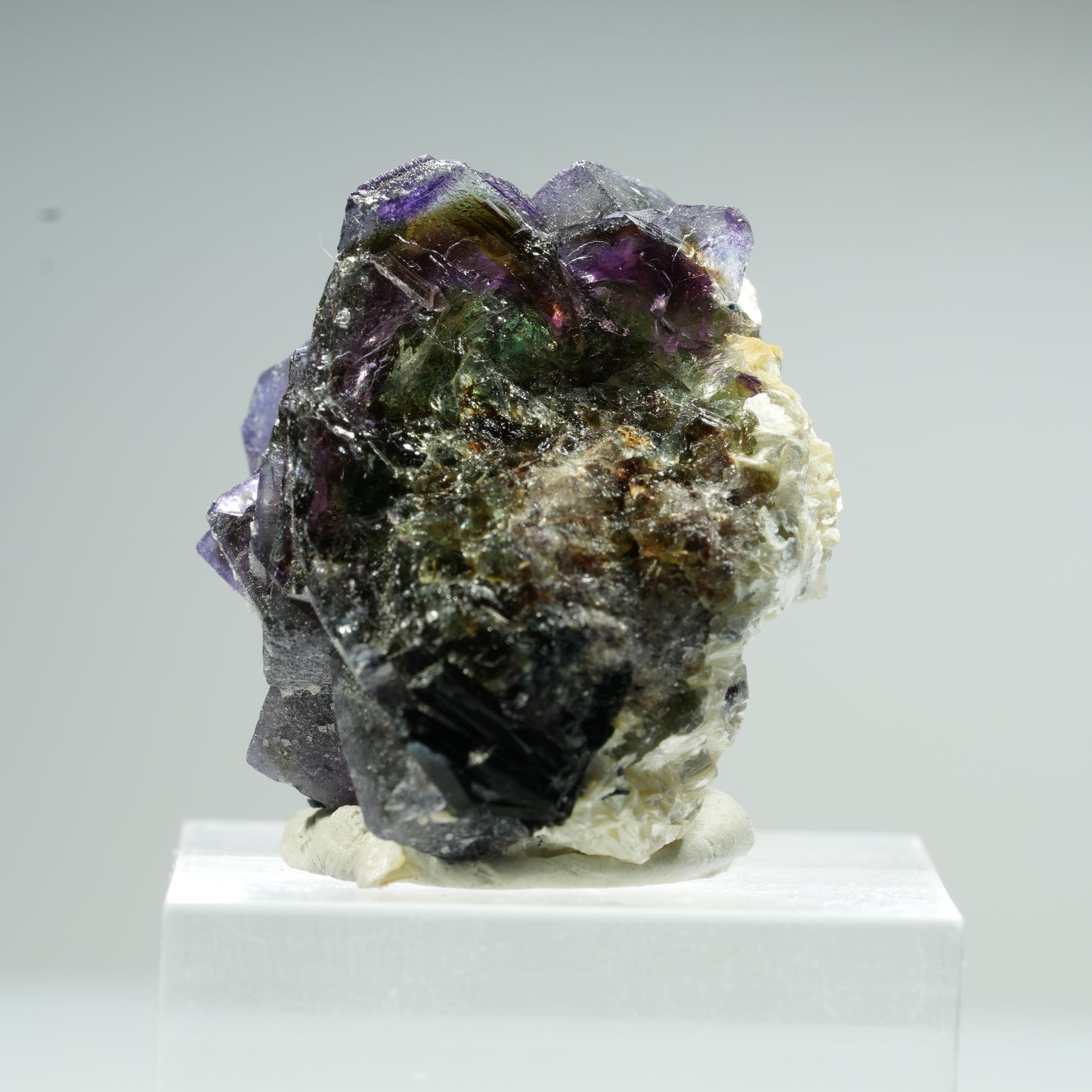 Bunte Phantom Fluorit Würfel, Schörl Turmalin, Muskovit Erongo, Namibia 35*12*11mm #13482