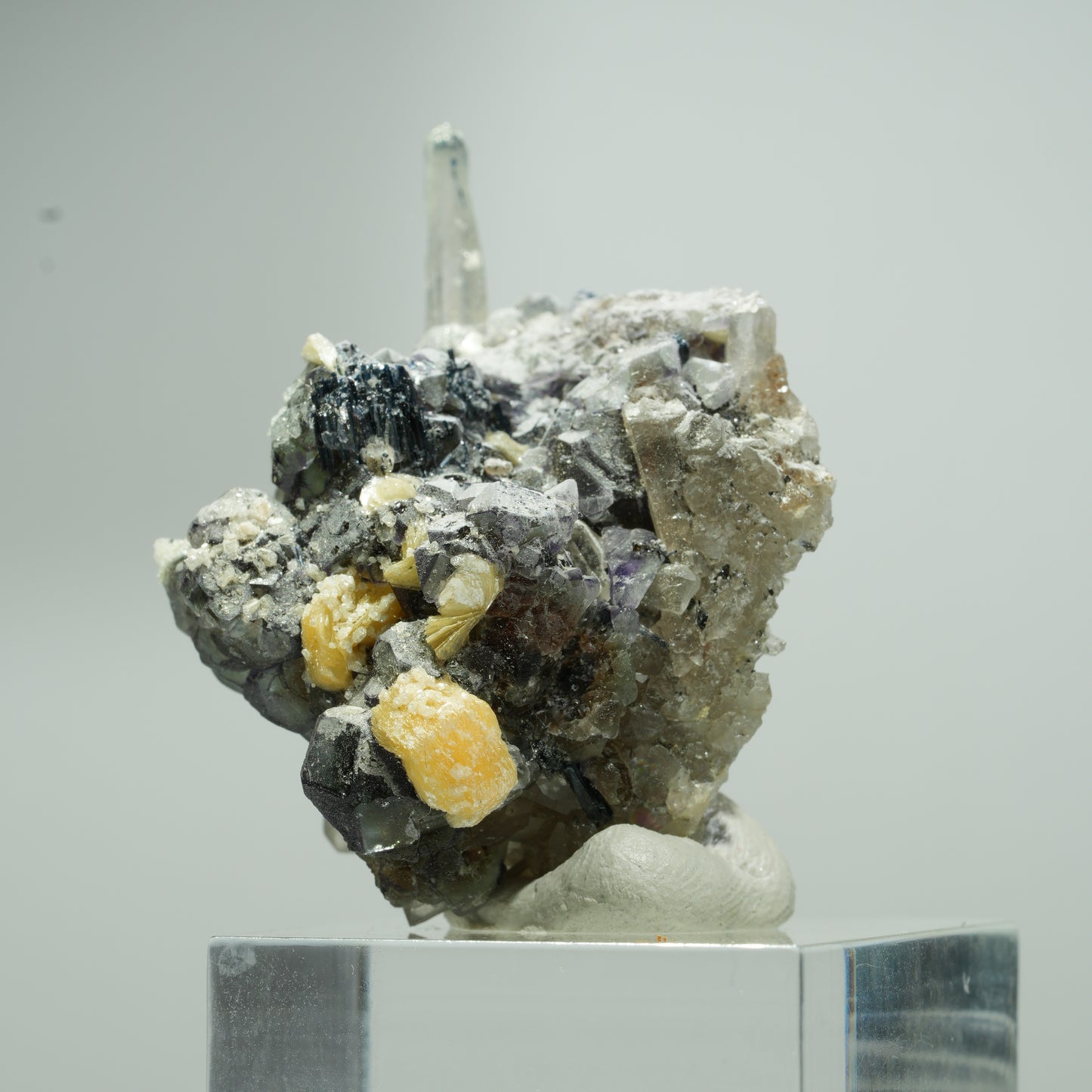 Phantom Fluorit, Schörl Turmalin, Hyalit, Rauchquarz, Muskovit Erongo, Namibia 20*14*12mm #13546