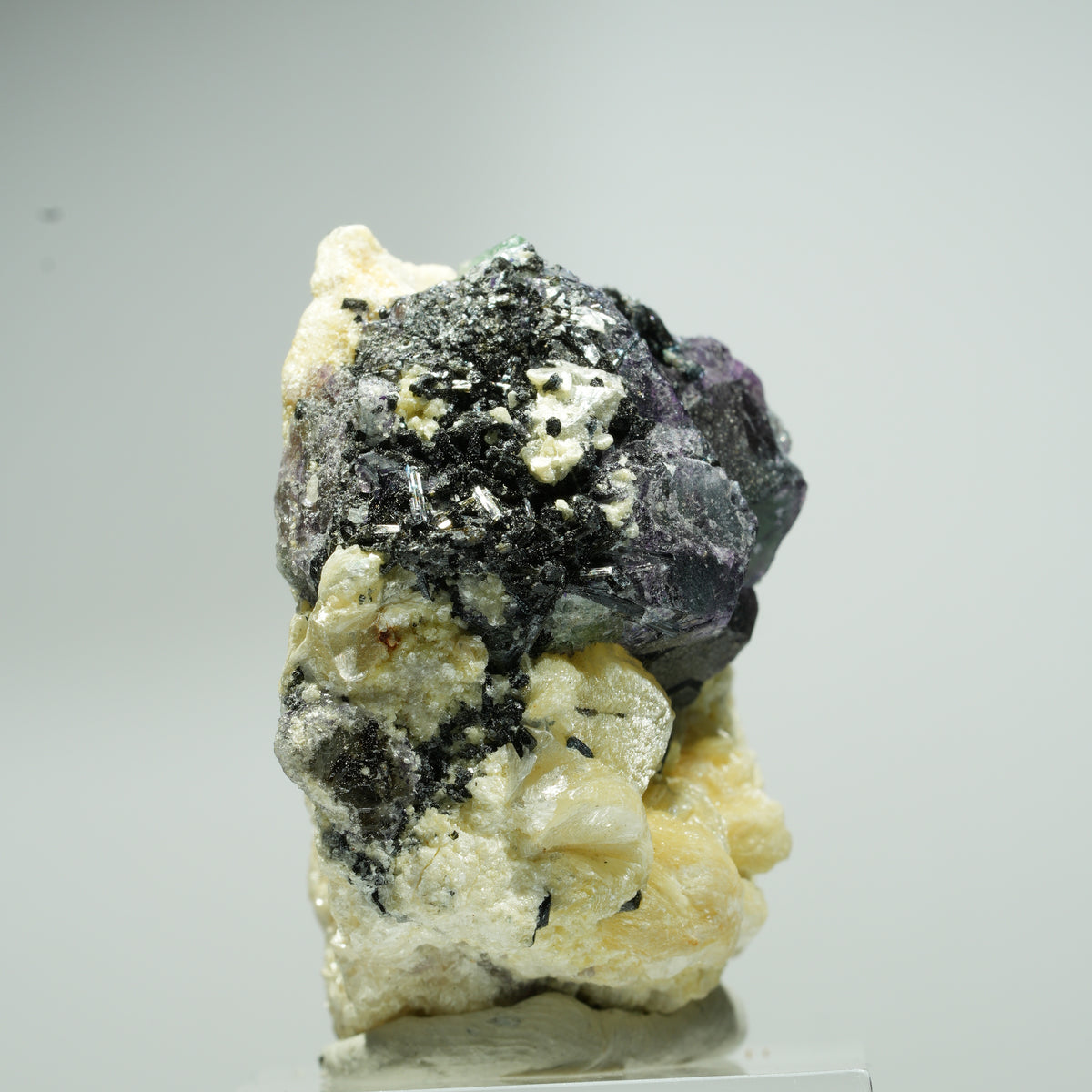 Fluorite fantôme hexagonal, tourmaline schorl, muscovite, hyalite Erongo, Namibie 19*14*12mm #13547