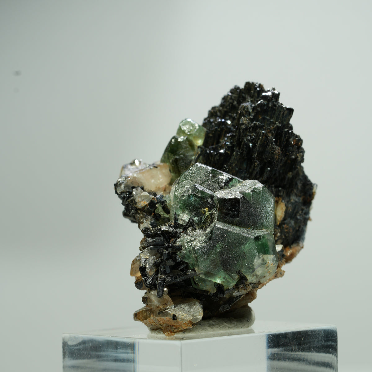 Fluorite fantôme hexagonale, tourmaline schorl, quartz fumé sur matrice Erongo, Namibie 22*18*12mm #13580