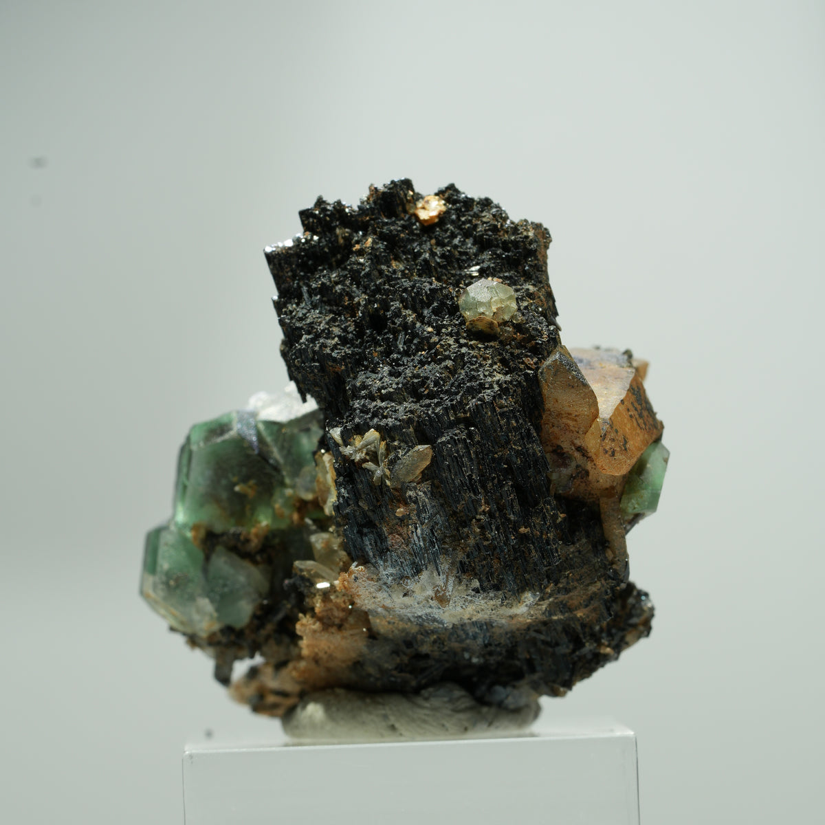 Fluorite fantôme hexagonale, tourmaline schorl, quartz fumé sur matrice Erongo, Namibie 22*18*12mm #13580