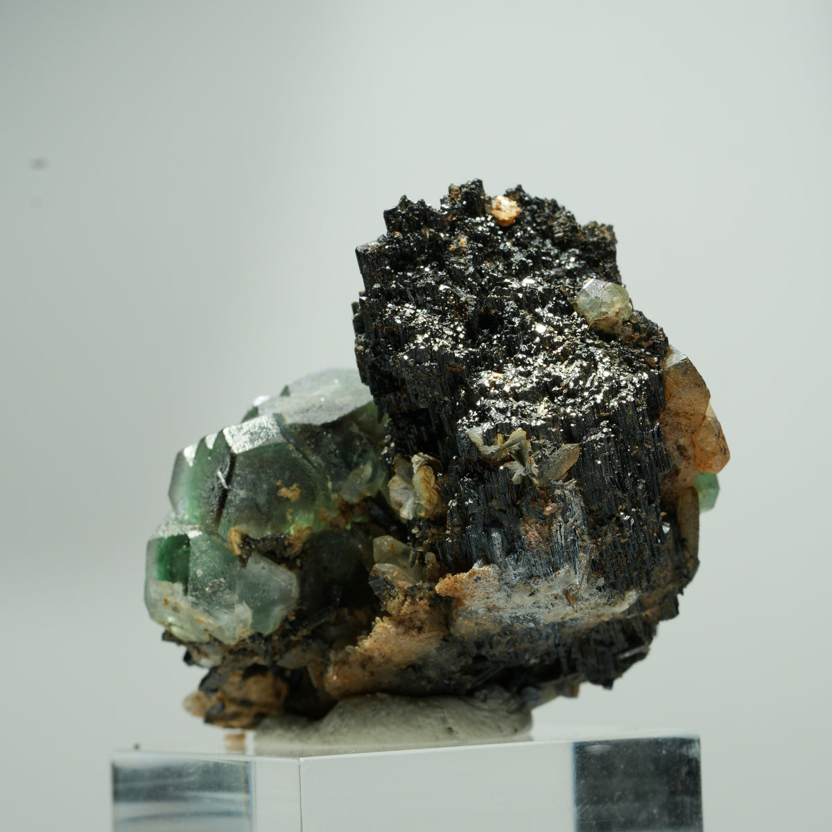 Fluorite fantôme hexagonale, tourmaline schorl, quartz fumé sur matrice Erongo, Namibie 22*18*12mm #13580