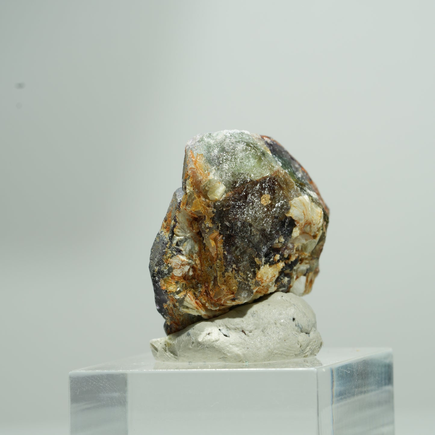 Bunte Phantom Fluorit Würfel, Muskovit Stufe Erongo, Namibia 14*13*8mm #13583