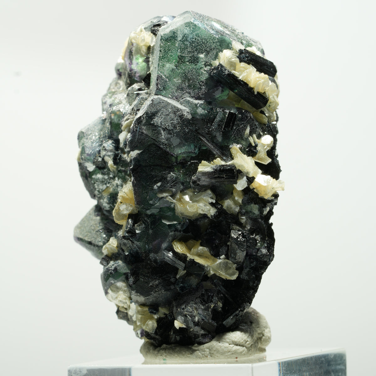 Fluorite fantôme hexagonal, tourmaline schorl, muscovite Erongo, Namibie 48*29*28mm #13640
