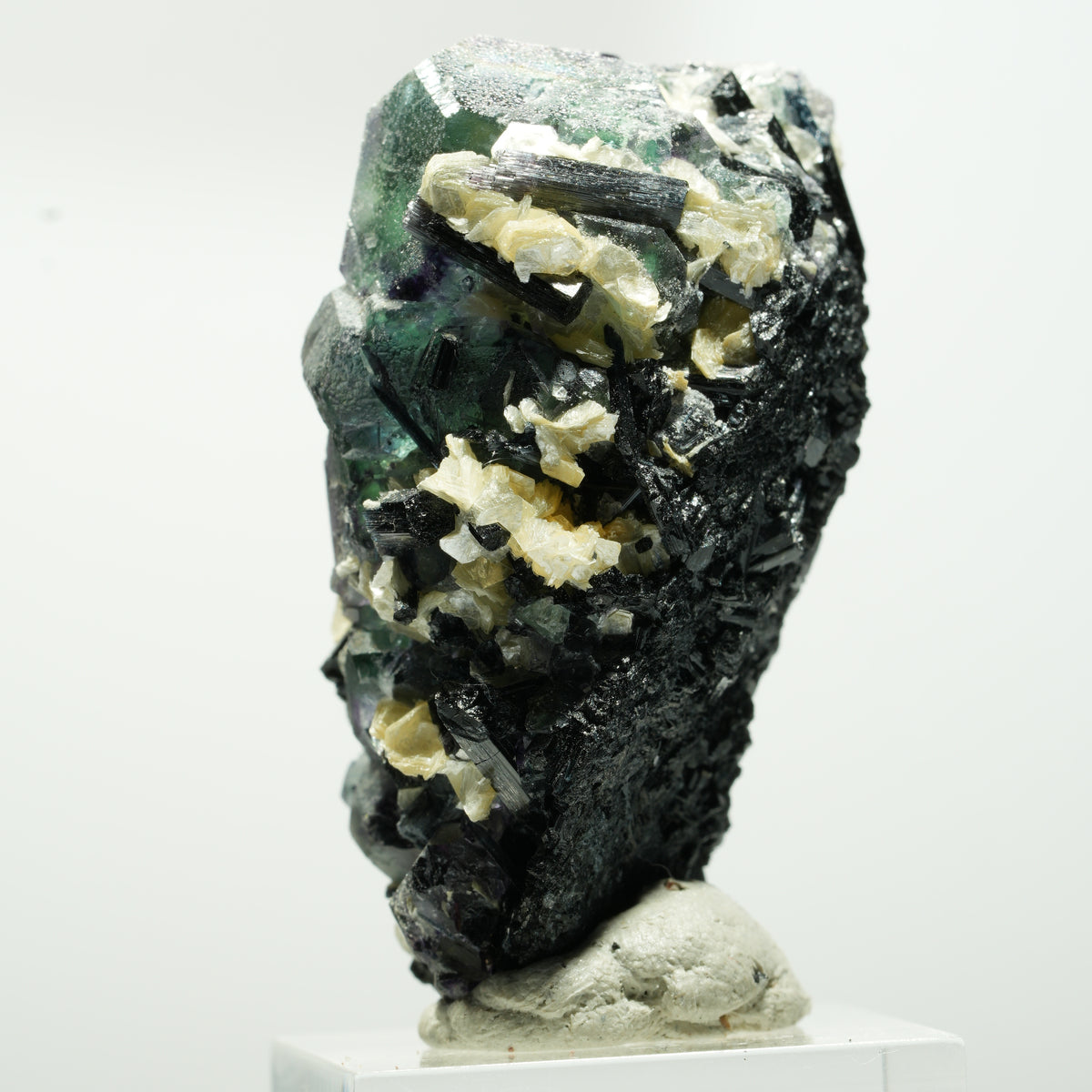 Fluorite fantôme hexagonal, tourmaline schorl, muscovite Erongo, Namibie 48*29*28mm #13640