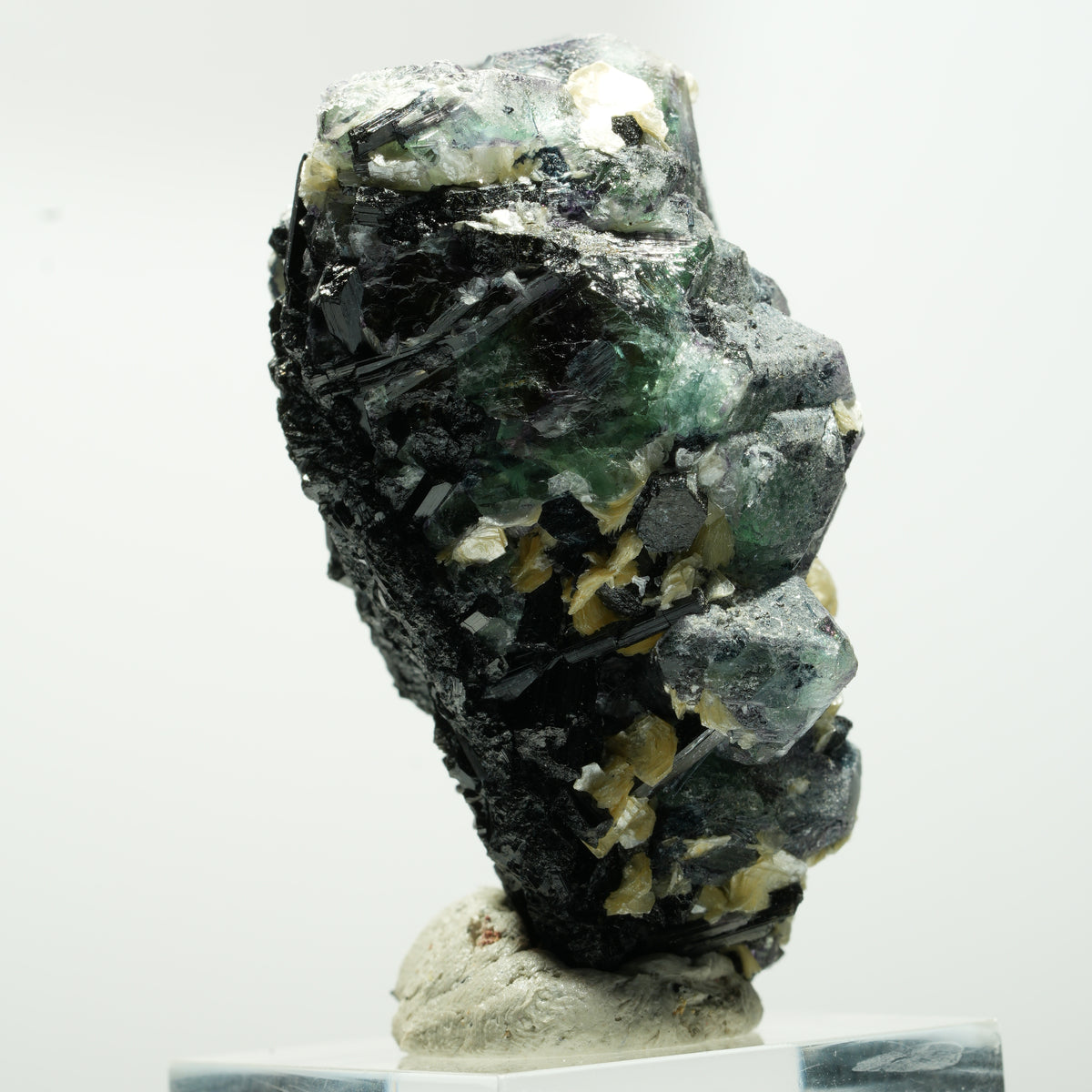 Fluorite fantôme hexagonal, tourmaline schorl, muscovite Erongo, Namibie 48*29*28mm #13640