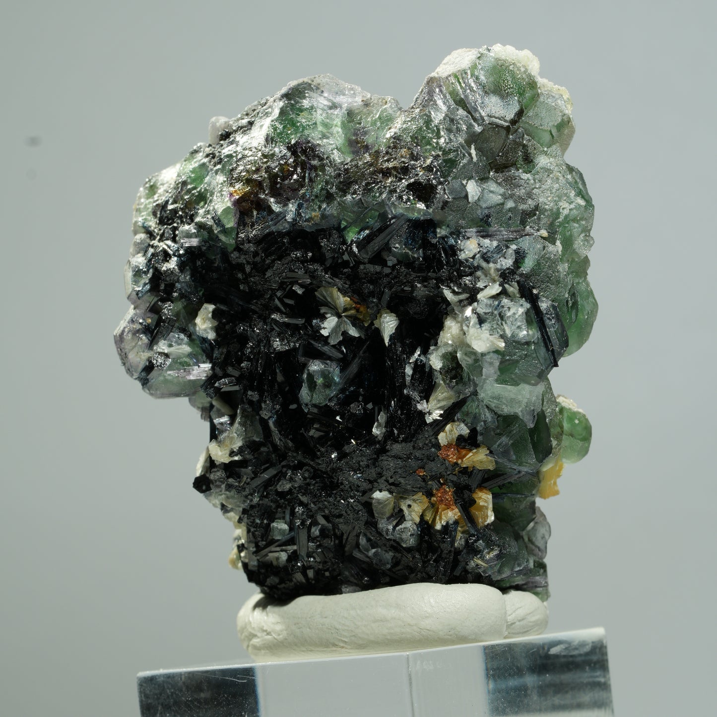 Phantom Fluorit hexagonal, Schörl Turmalin, Muskovit, Hyalit Erongo, Namibia 53*42*30mm #13653