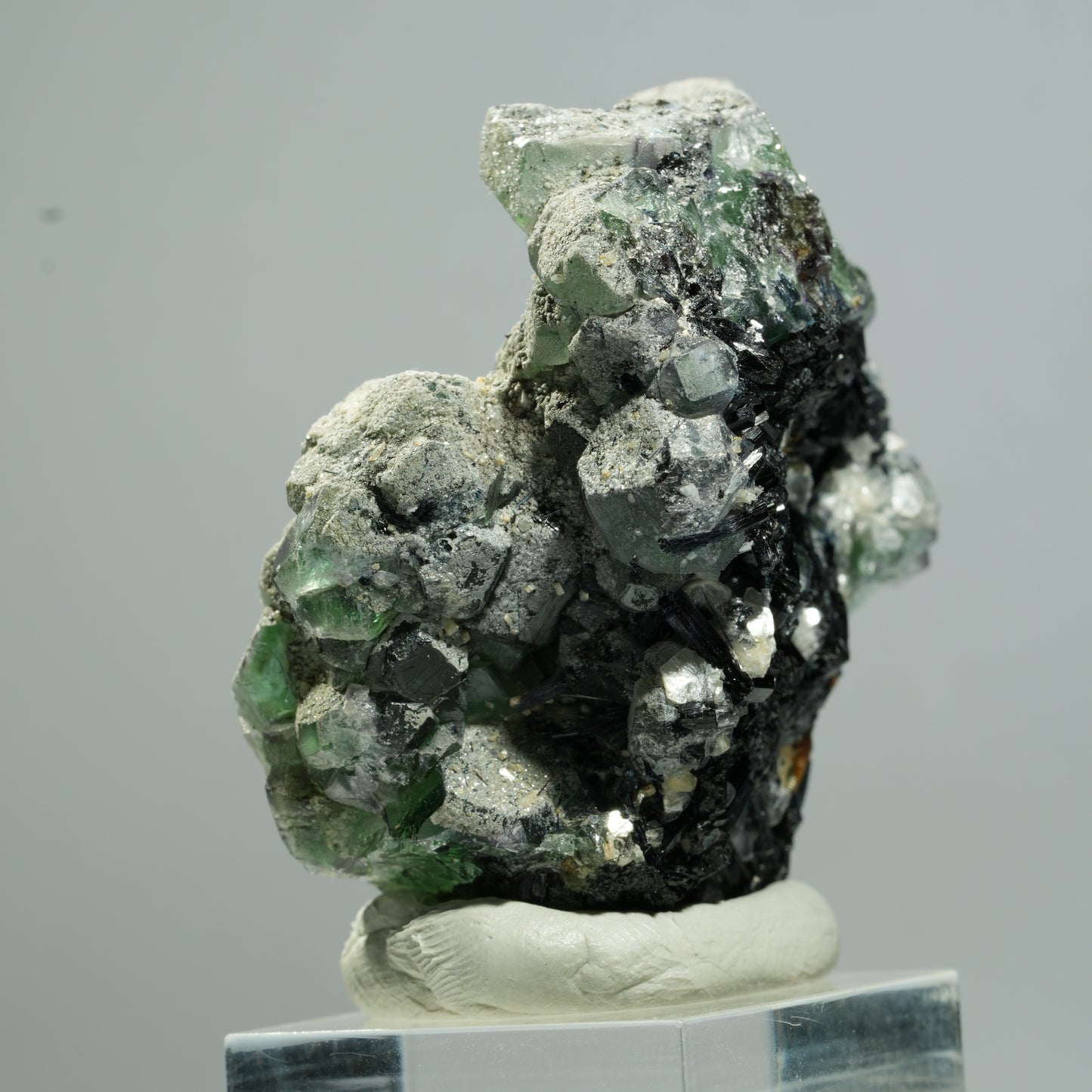 Phantom Fluorit hexagonal, Schörl Turmalin, Muskovit, Hyalit Erongo, Namibia 53*42*30mm #13653