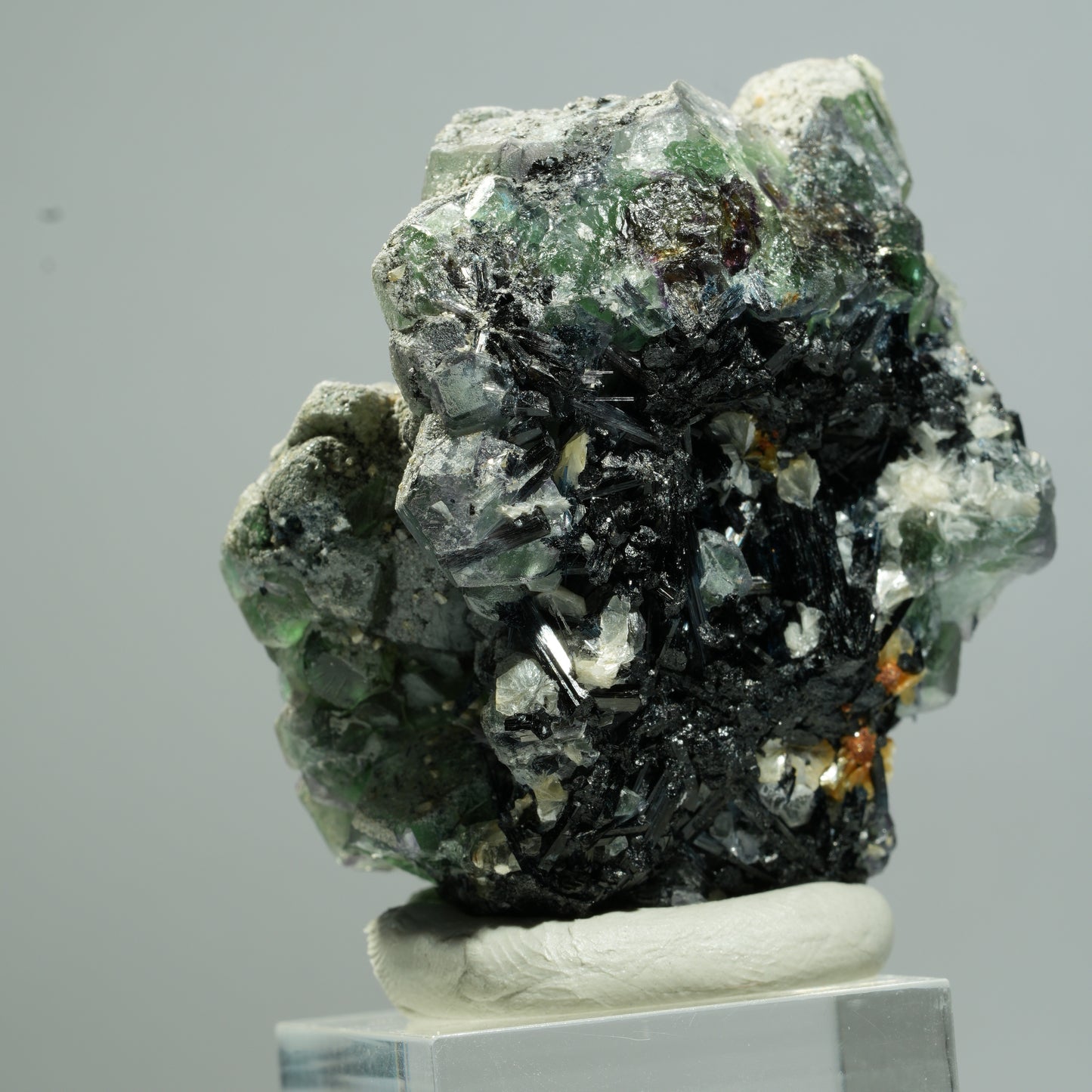 Phantom Fluorit hexagonal, Schörl Turmalin, Muskovit, Hyalit Erongo, Namibia 53*42*30mm #13653