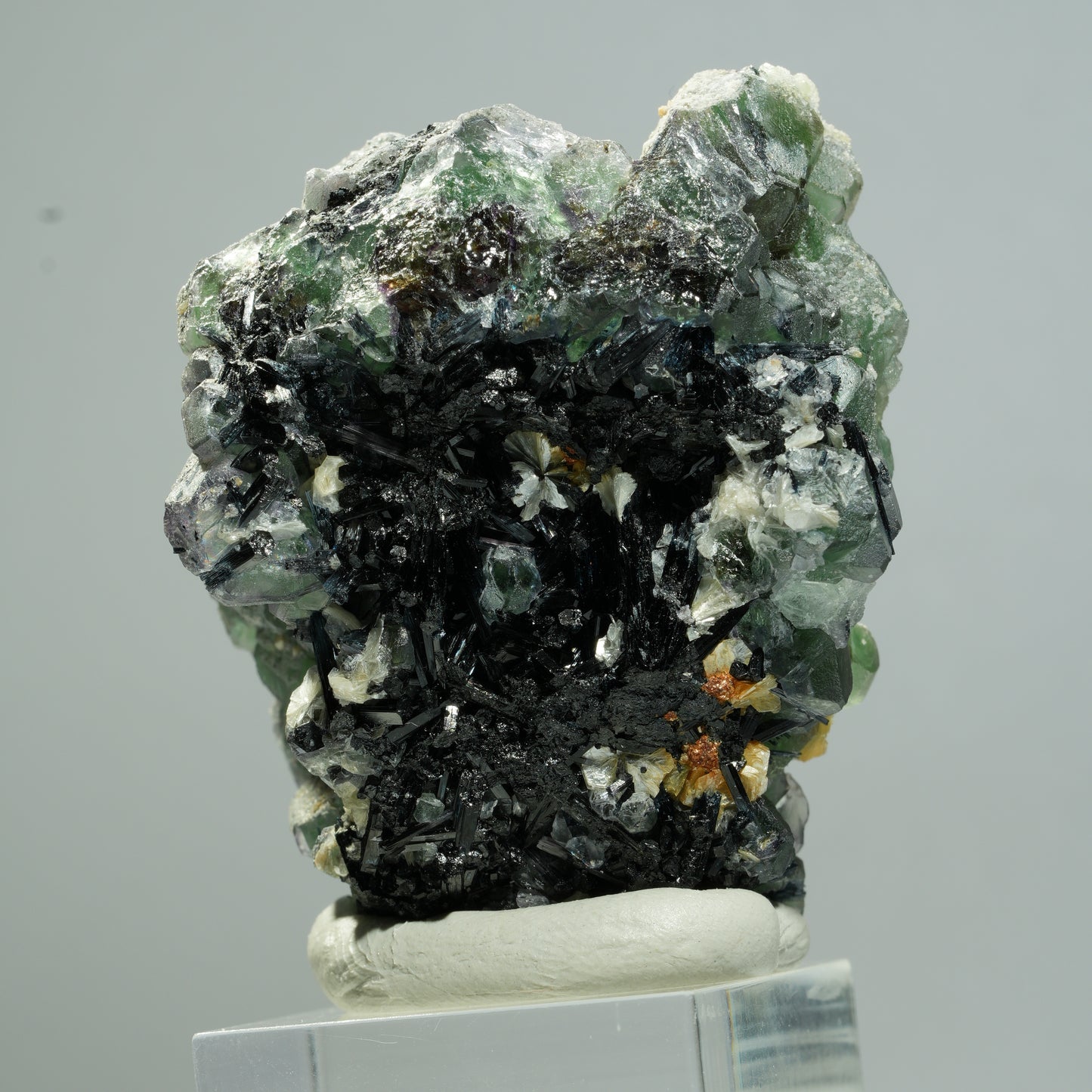 Phantom Fluorit hexagonal, Schörl Turmalin, Muskovit, Hyalit Erongo, Namibia 53*42*30mm #13653