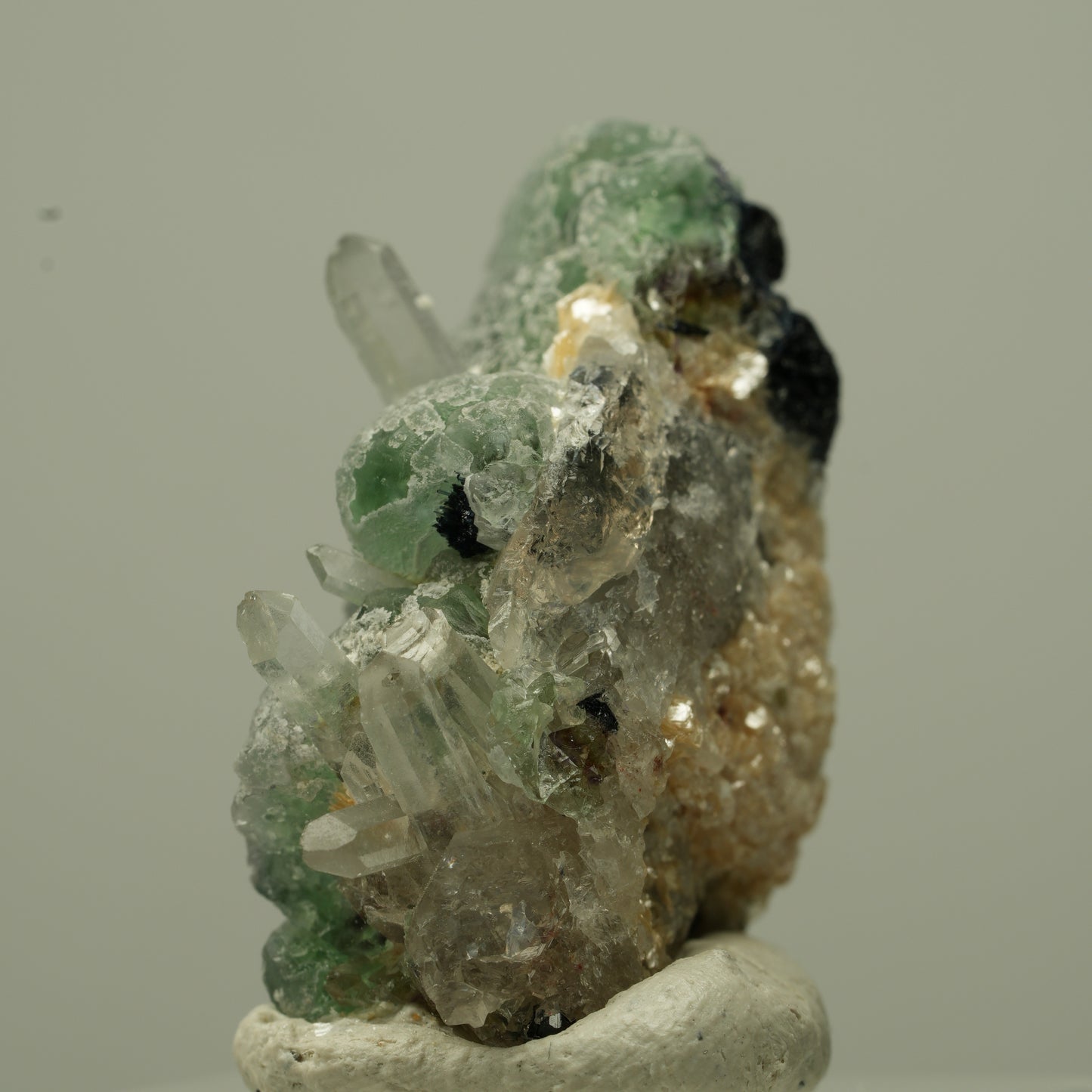 Phantom Fluorit, Schörl Turmalin, Muskovit, Rauchquarz Stufe Erongo, Namibia 29*24*17mm #13723