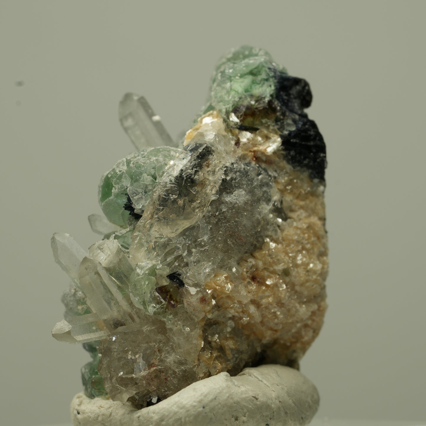 Phantom Fluorit, Schörl Turmalin, Muskovit, Rauchquarz Stufe Erongo, Namibia 29*24*17mm #13723