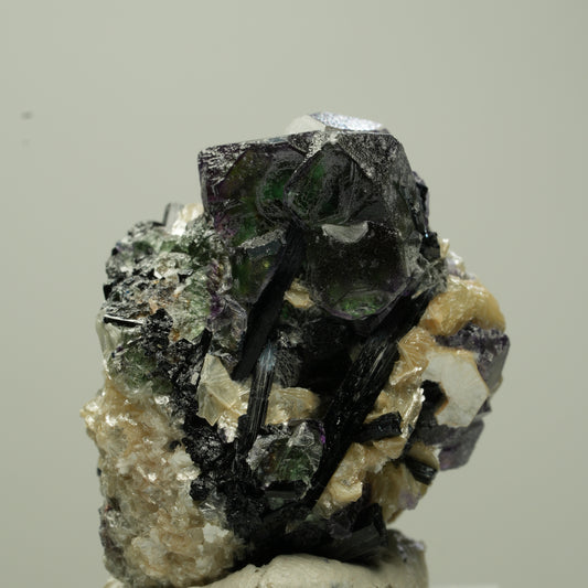 Bunte Phantom Fluorit Würfel, Schörl Turmalin, Muskovit Erongo, Namibia 33*26*24mm #13805