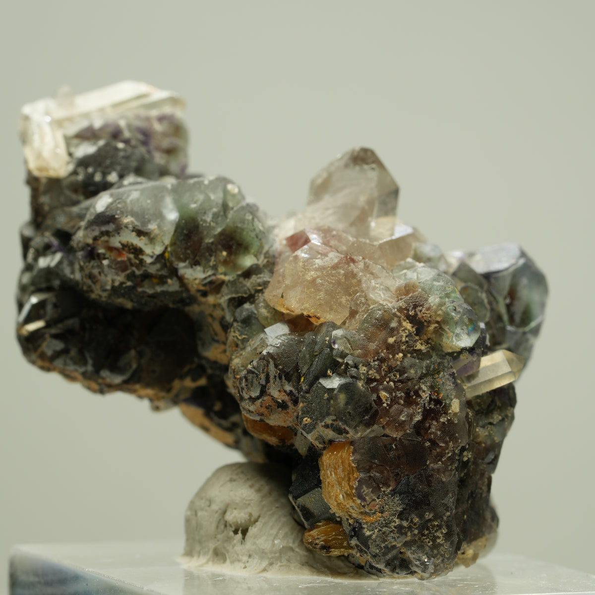 Bunte Phantom Fluorit, Schörl, Hyalit, Rauchquarz, Muskovit Erongo, Namibia 42*26*24mm #13812
