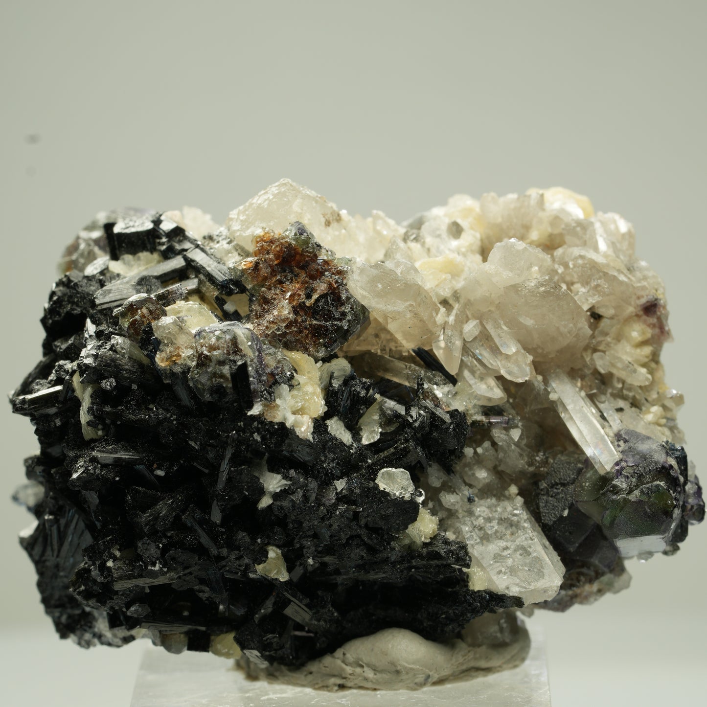 Bunte Phantom Fluorit, Schörl, Hyalit, Rauchquarz, Muskovit Erongo, Namibia 49*38*34mm #13813