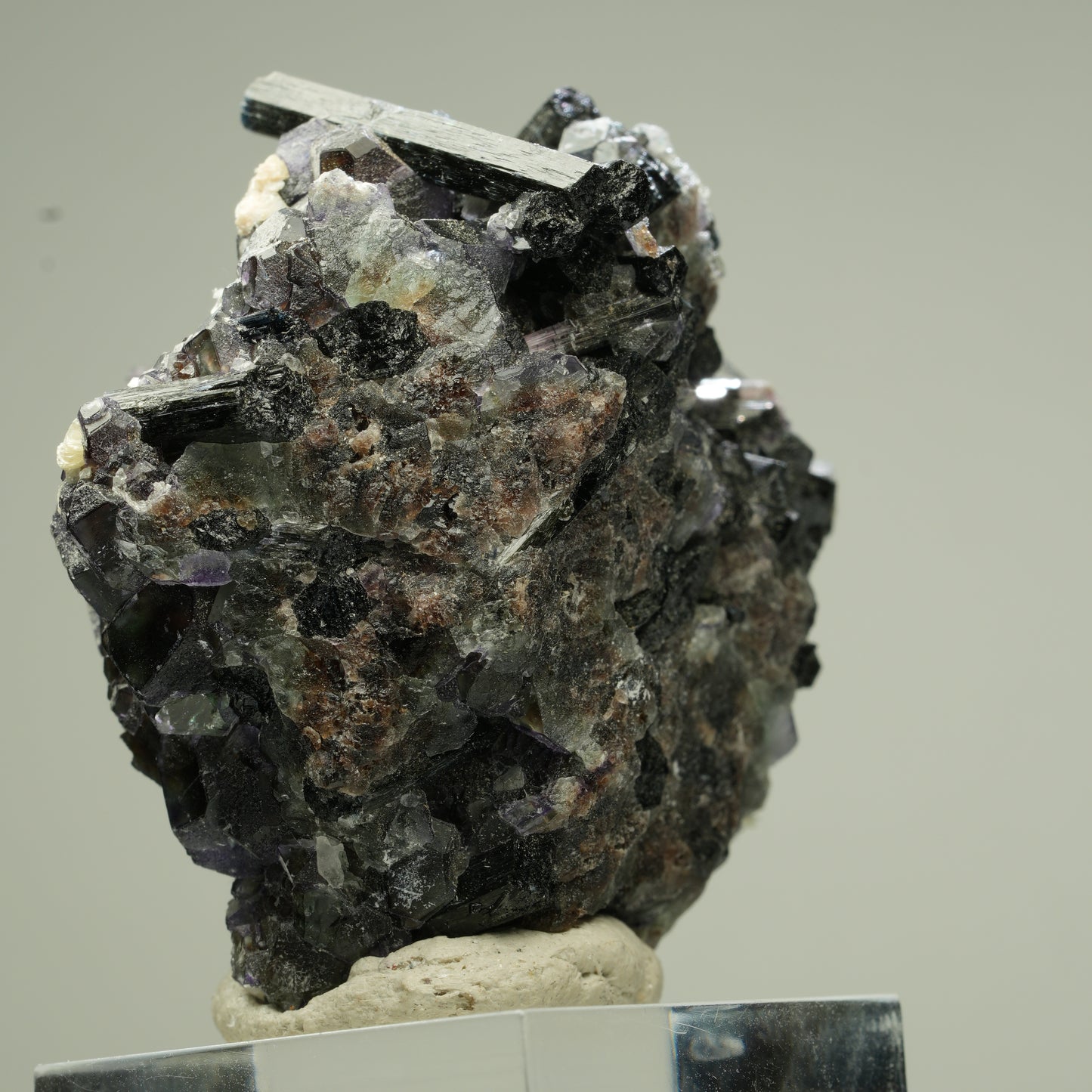 Bunte Phantom Fluorit, Schörl Turmalin, Hyalit Opal, Muskovit Erongo, Namibia 46*44*31mm #13832