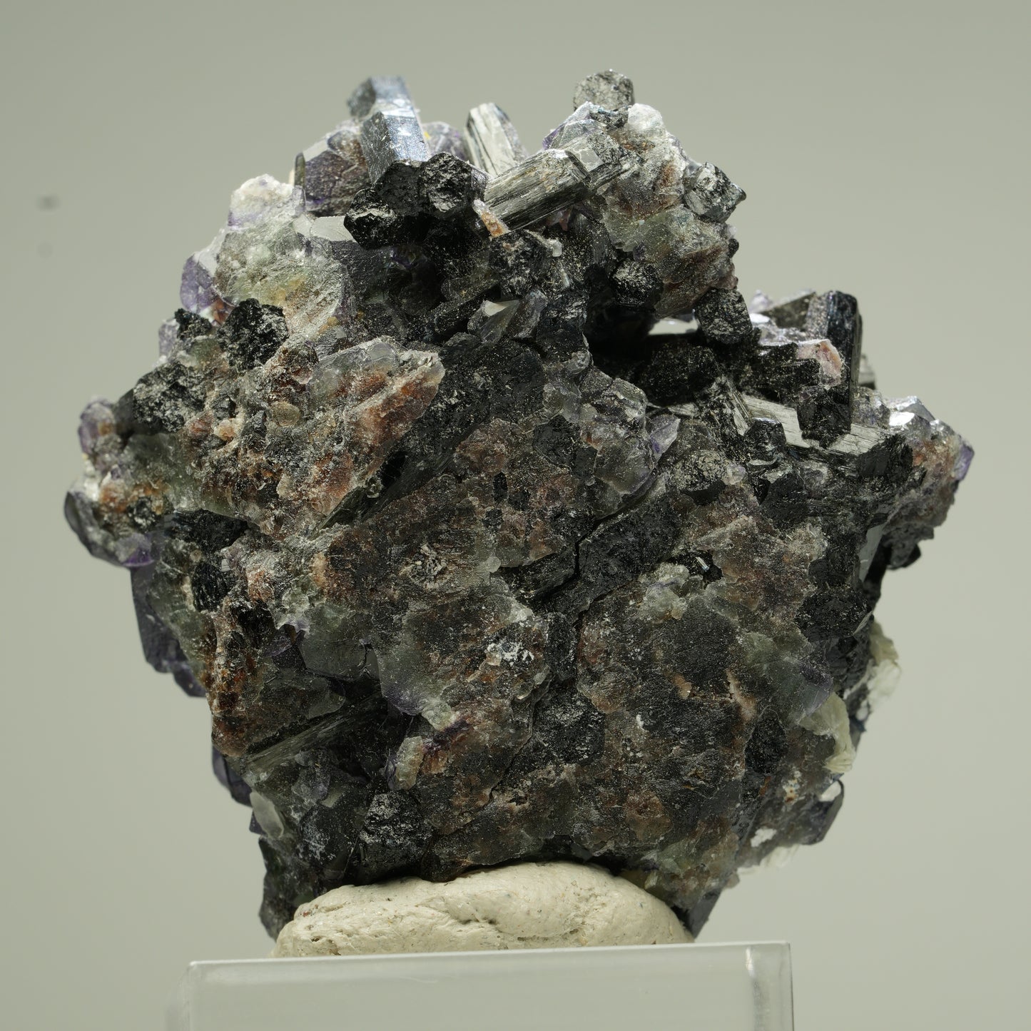 Bunte Phantom Fluorit, Schörl Turmalin, Hyalit Opal, Muskovit Erongo, Namibia 46*44*31mm #13832