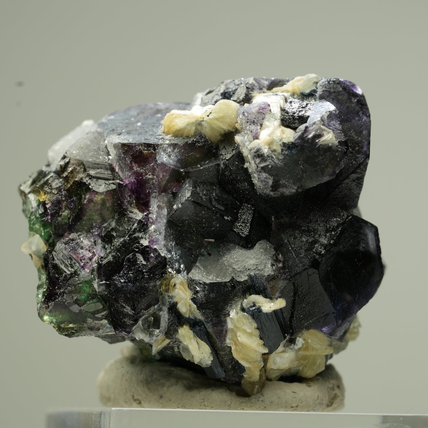 Bunte Phantom Fluorit, Schörl Turmalin, Hyalit Opal, Muskovit Erongo, Namibia 35*33*29mm #13833
