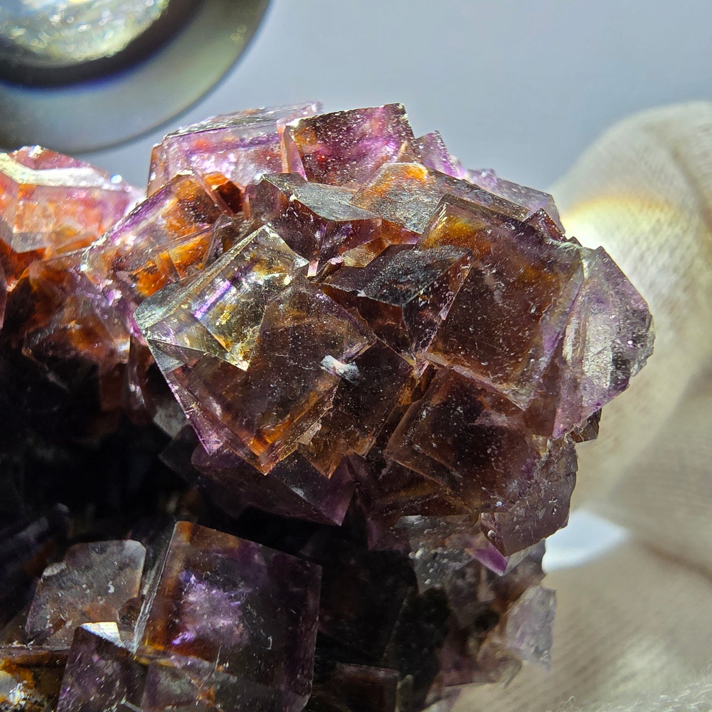 Rare spécimen de cube de fluorite fantôme, violet jaune Okorusu Namibie 63*59*34mm 