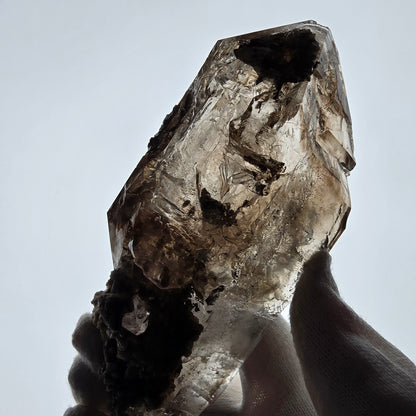 Sceptre en quartz fumé squelette Enhydro, calcite UV, 3 bulles, poche Saint-Valentin, Namibie, 149 x 71 x 52 mm 