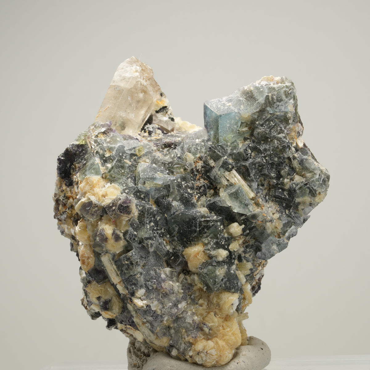Phantom Fluorit, Schörl Turmalin, Hyalit, Rauchquarz, Muskovit Erongo, Namibia 77*72*47mm #14013