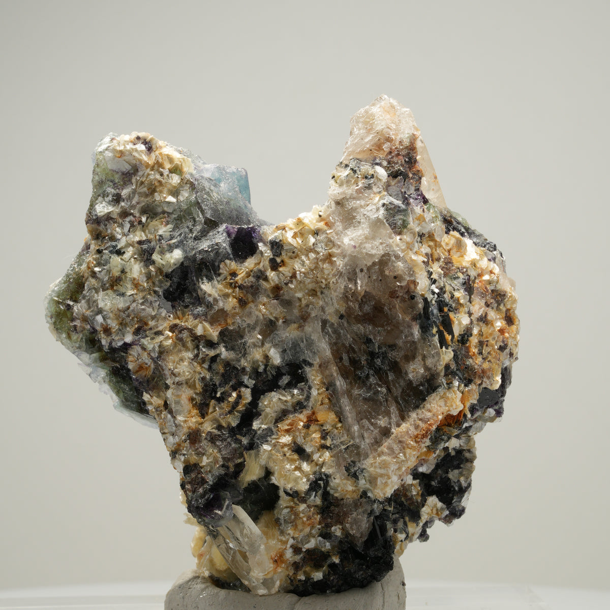 Phantom Fluorit, Schörl Turmalin, Hyalit, Rauchquarz, Muskovit Erongo, Namibia 77*72*47mm #14013
